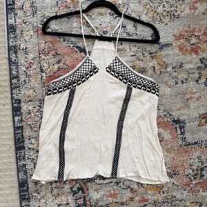 THML Cream and Black Embroidered Boho Halter Tank Top
